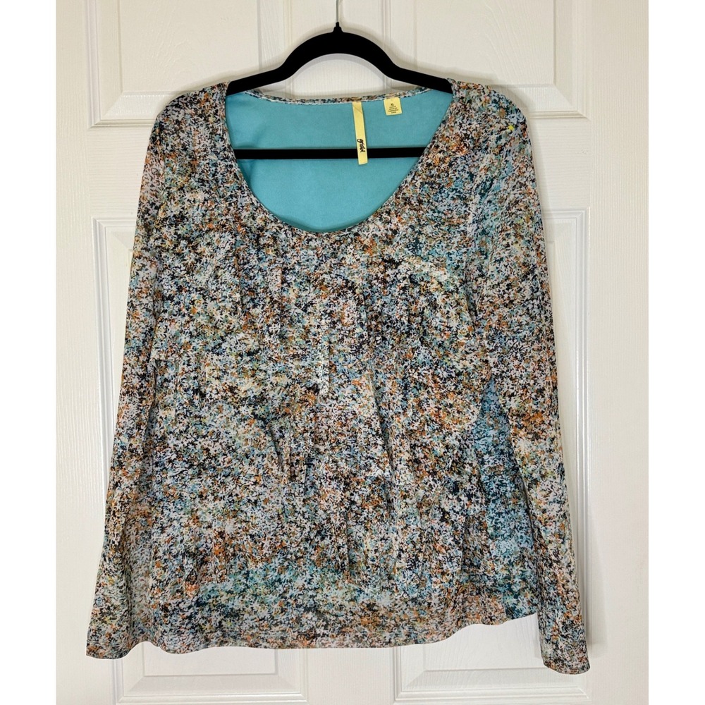 Grisbi Mesh Top Women XL Multicolor Abstract Pointillism Long Sleeve Mesh